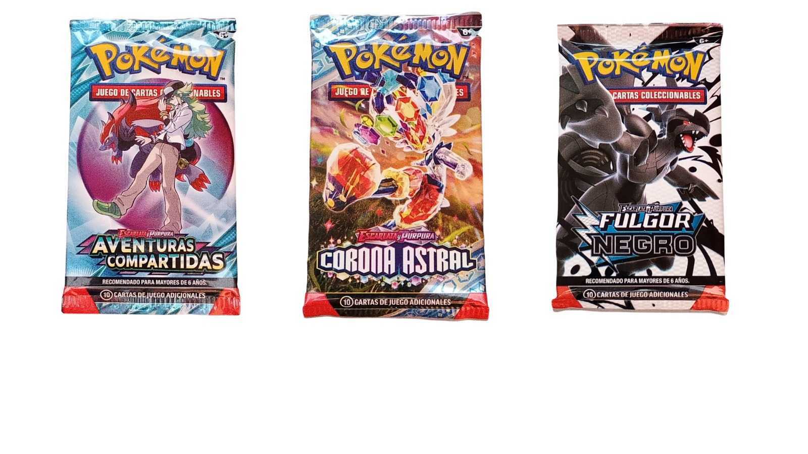 Sobres de cartas Pokémon TCG — Aventuras Compartidas, Corona Astral y Fulgor Negro